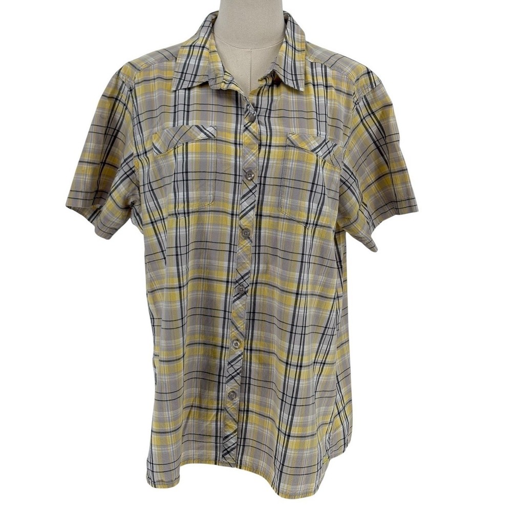 Cabela's Button Up Shirt Yellow Grey Plaid 100% Cotton XL