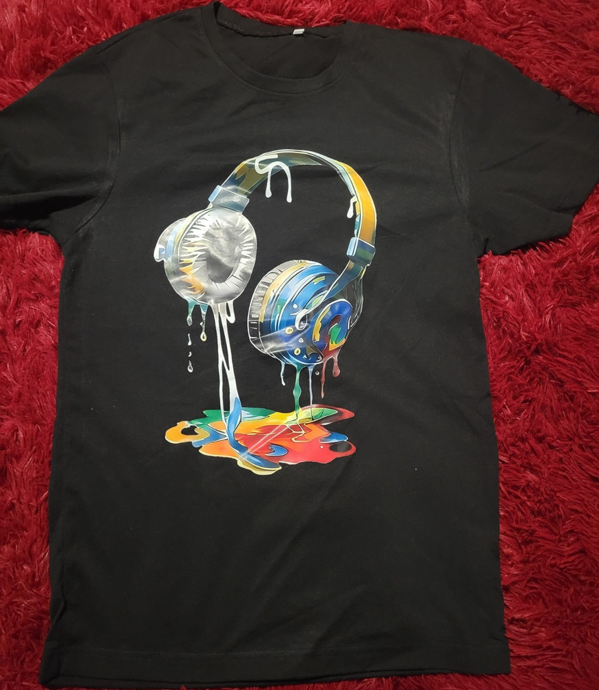 Black Graphic T-Shirt With Headphones Print, Crew Neck, Men S