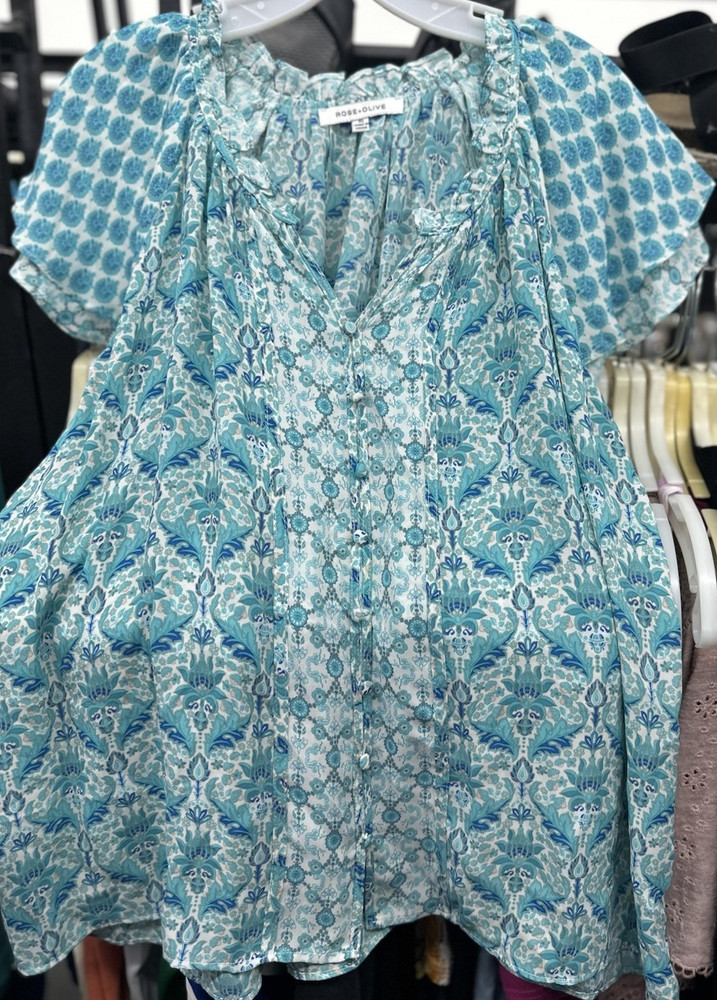 Rose + Olive Blue/White Floral V-Neck Short Sleeve Button Ruffle Blouse XL