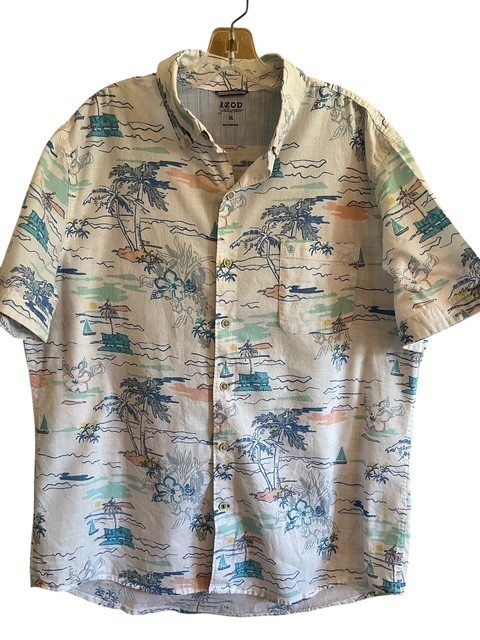 IZOD Saltwater Mens XL Shirt Tropical Palm Tree Sailboat Casual Button Down SS