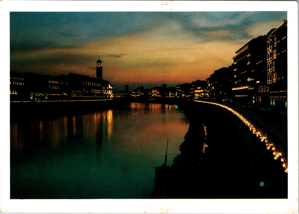 Vintage Postcard Lungarno Pisa Italy Night