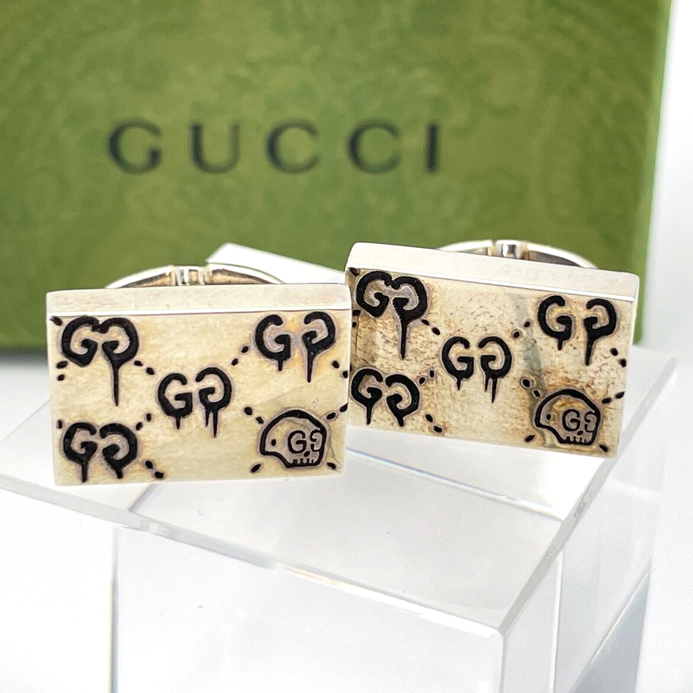 GUCCI Silver 925 GG Ghost Square Cufflinks 0.8x0.6 with Box & Bag A1244