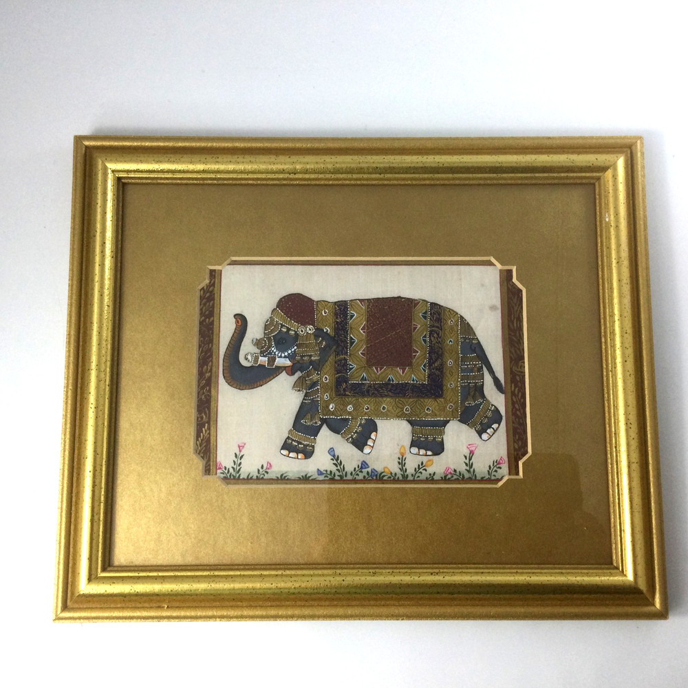 Vintage Hand Painted Indian Artwork on a Silk Elephant Gold Frame 12
