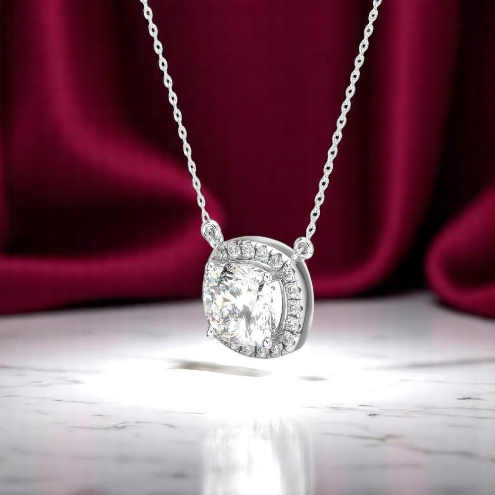 14k  White  Gold 18 Inch Diamond Pendant Necklace Cushion 2.3 Ct IGI Lab Grown