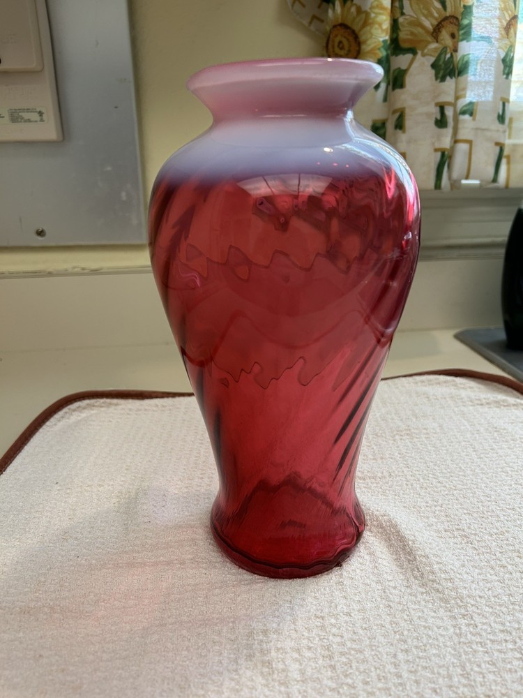 Fenton Cranberry Opalescent Swirl Vase 9 1/2