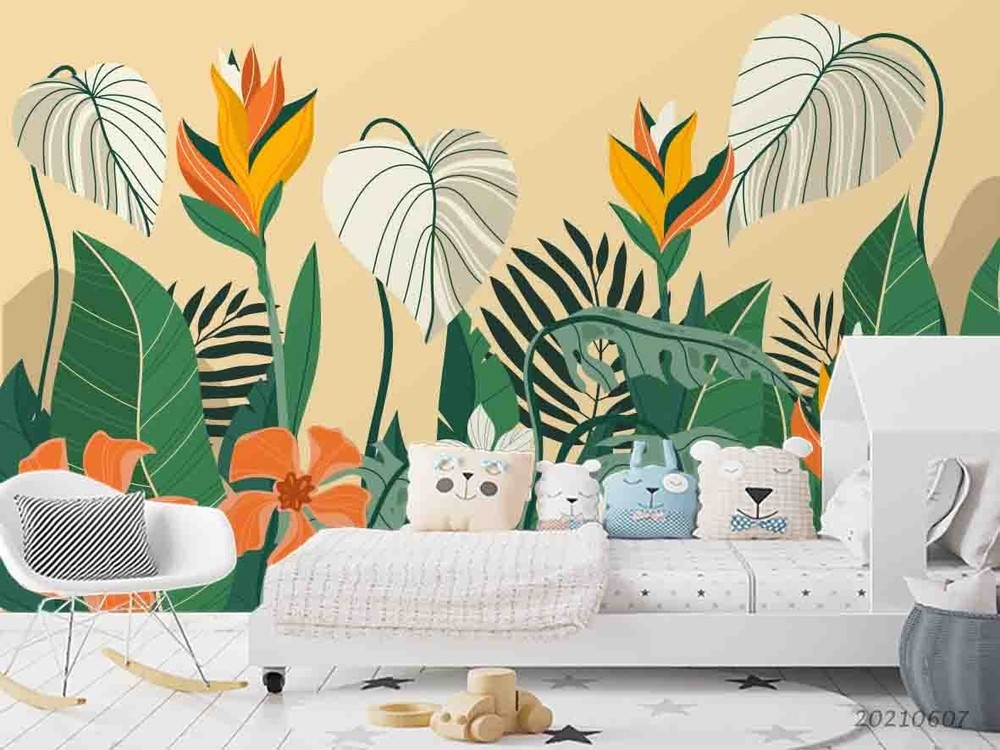 3D Flowers Leaves Flora Watercolor Wall Murals Wallpaper Murals Wall Sticker