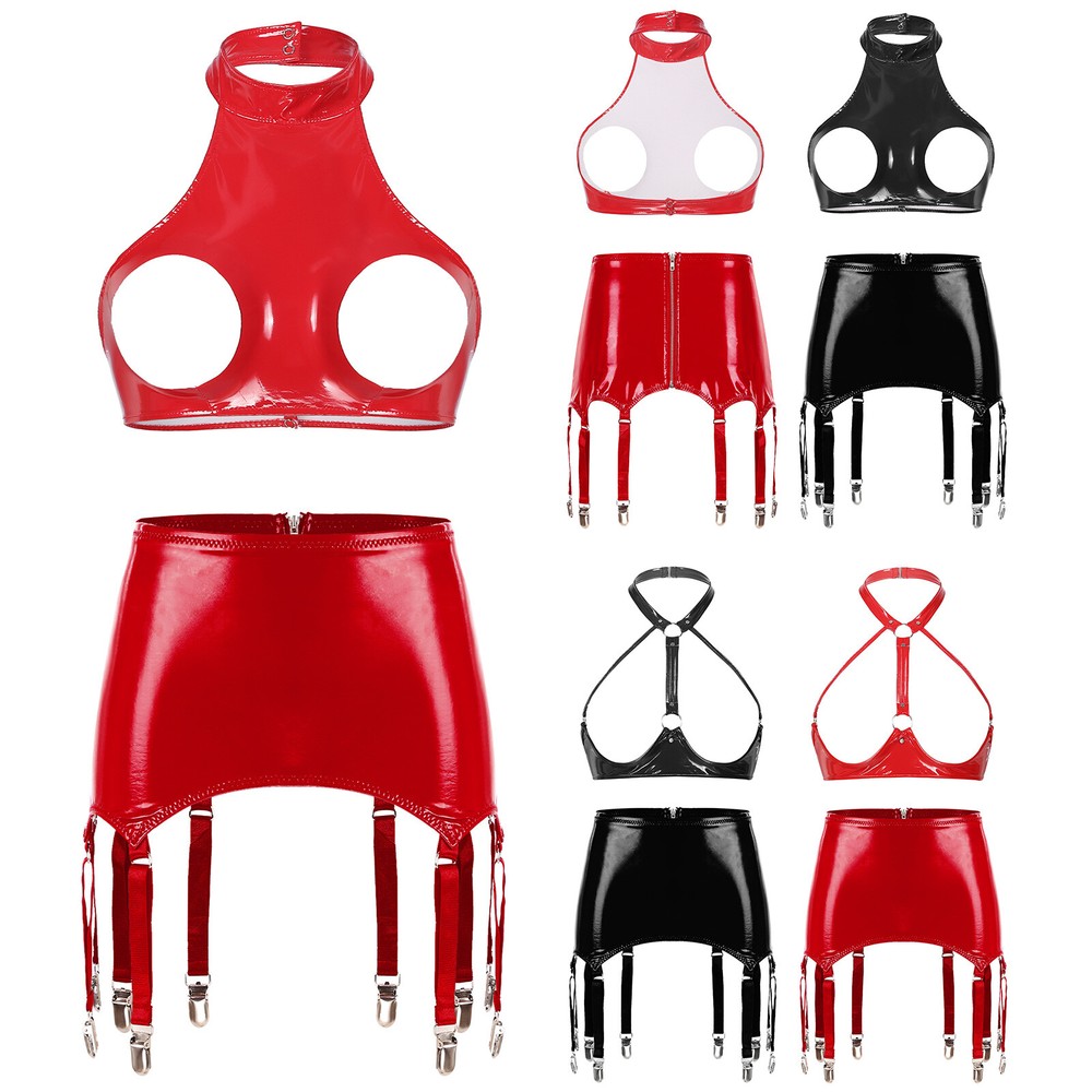 Womens Bra Tops With Mini Skirt Halter Neck Lingerie Set PVC Leather Clubwear