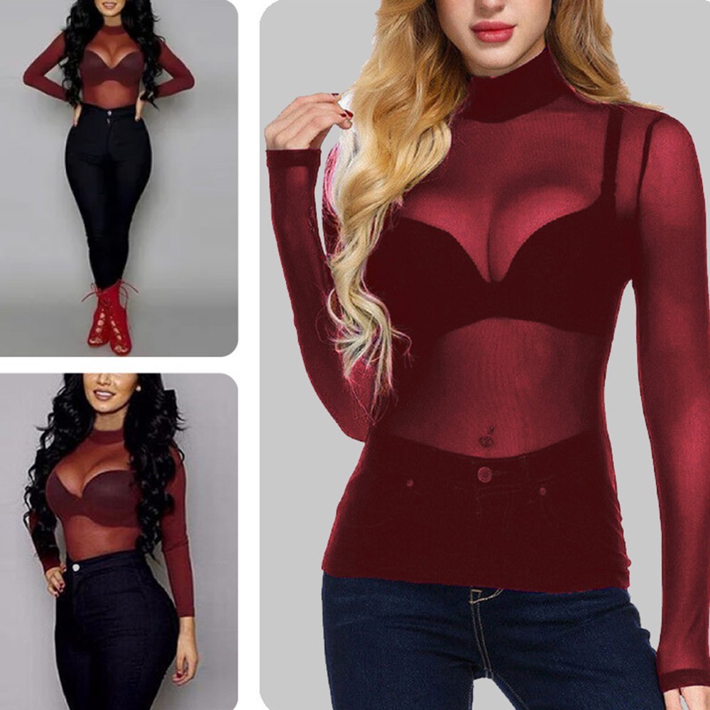 Solid Color Polyester Women's Mesh Top High Neck Long Sleeve Regular Length
