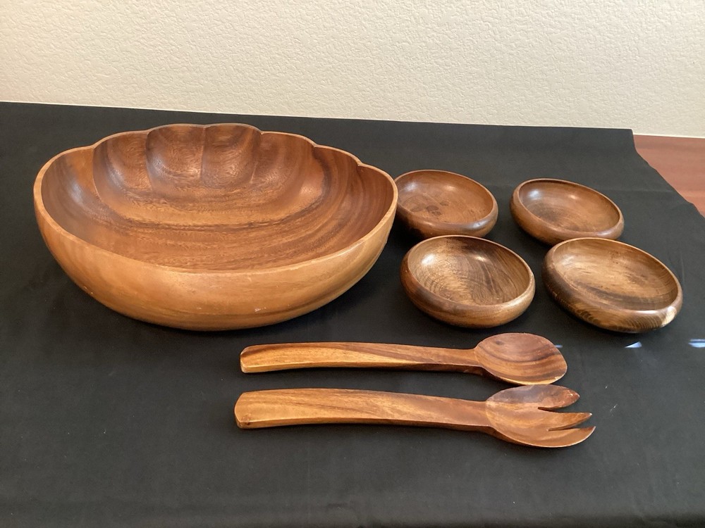 Wooden Clamshell Large Salad Bowl Set 4 Round Bowls Spoon & Fork Vintage