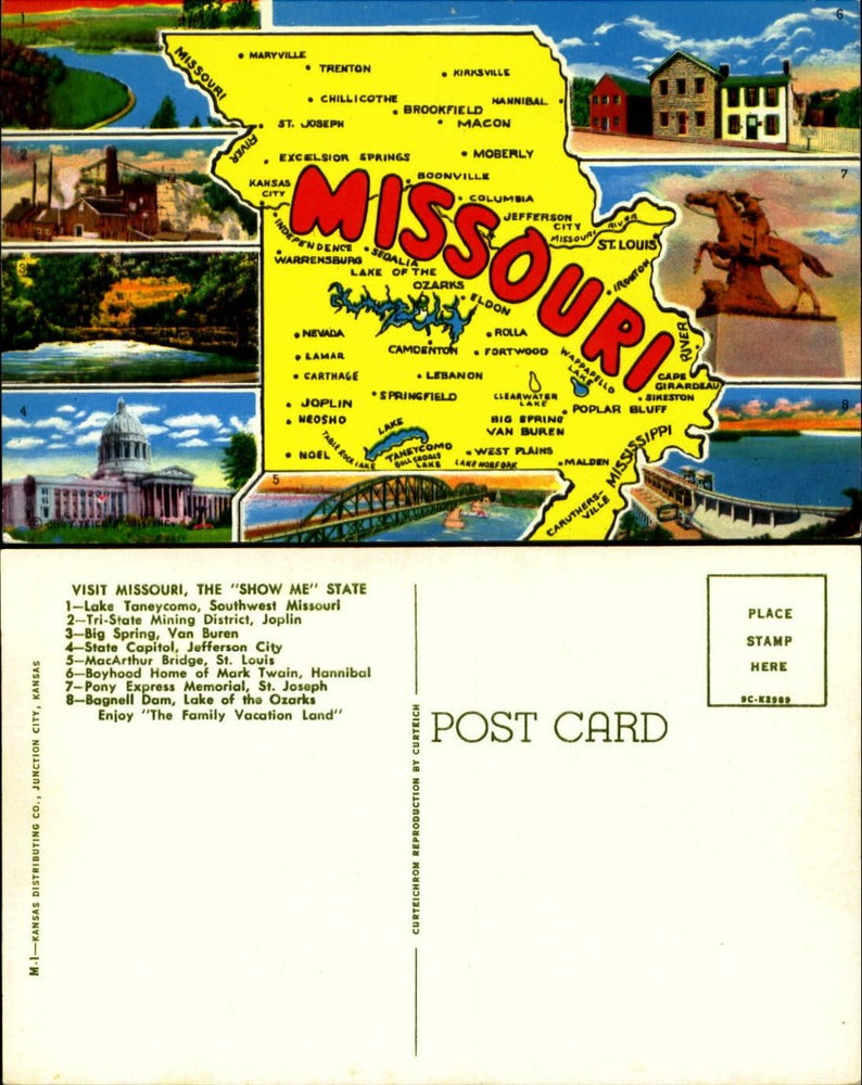 Missouri map postcard multi-view 8 views chrome