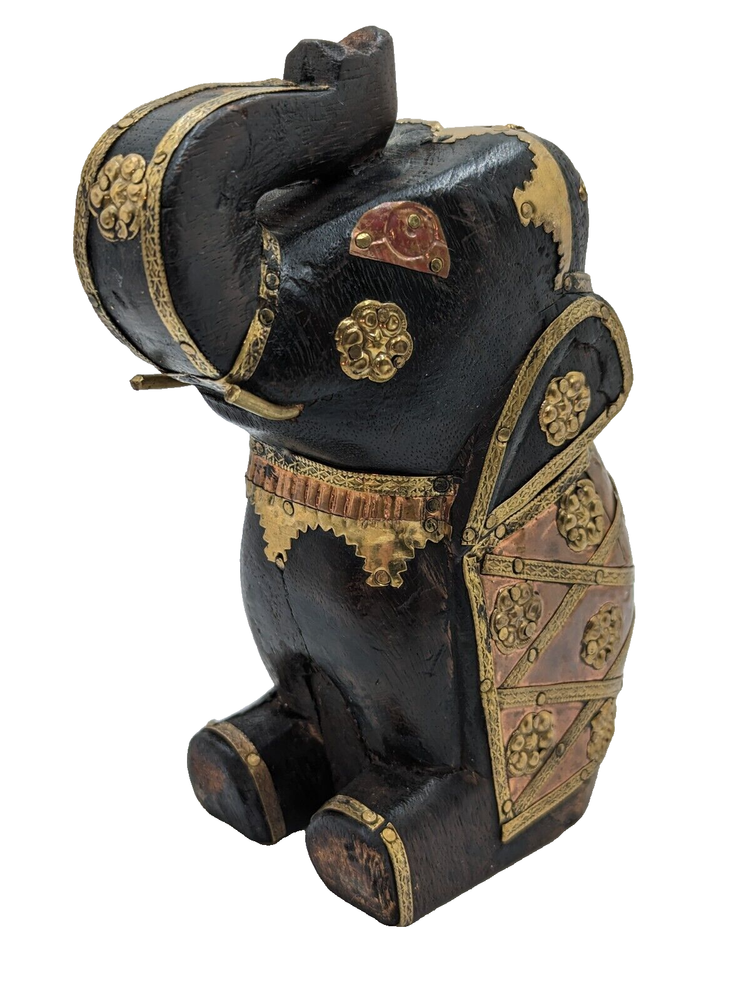Hand Carved Asian Elephant Wood Figurine with Brass Copper Accents 6 Inch Height