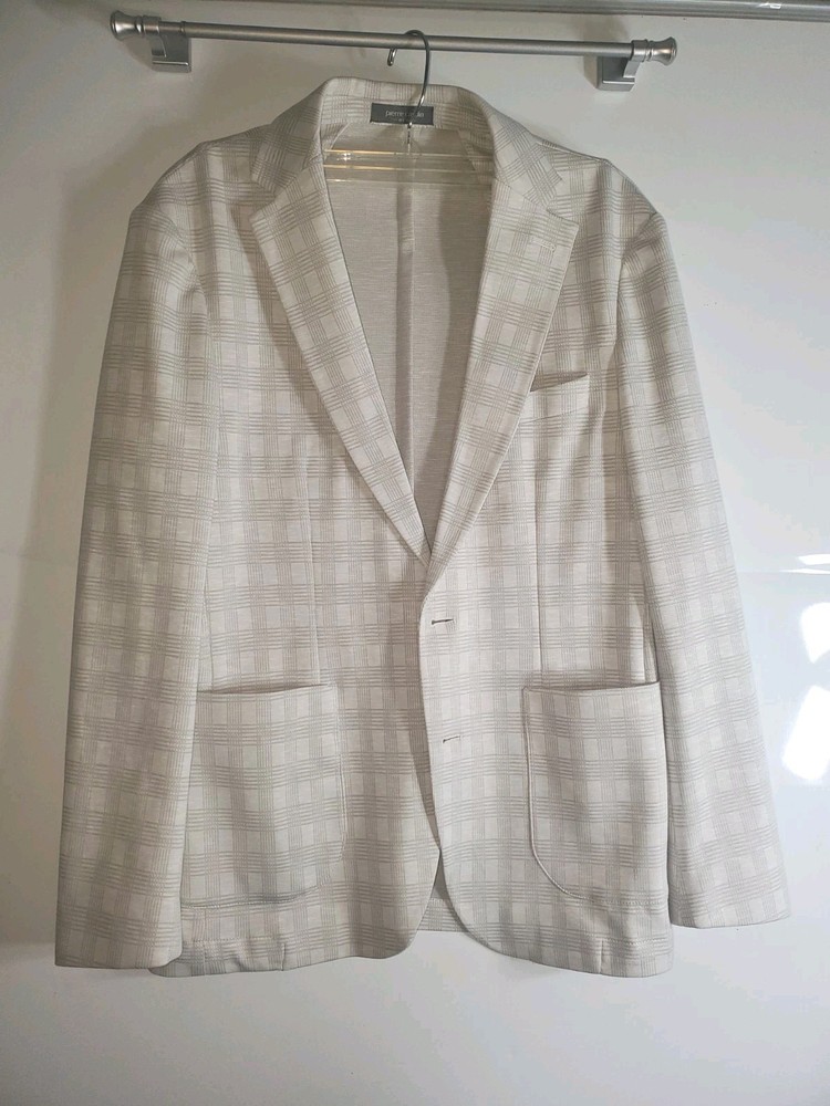 Mens Lite Summer Sport Coat Size 46 Slim PIERRE CARDIN Plaid Cream Blazer/jacket