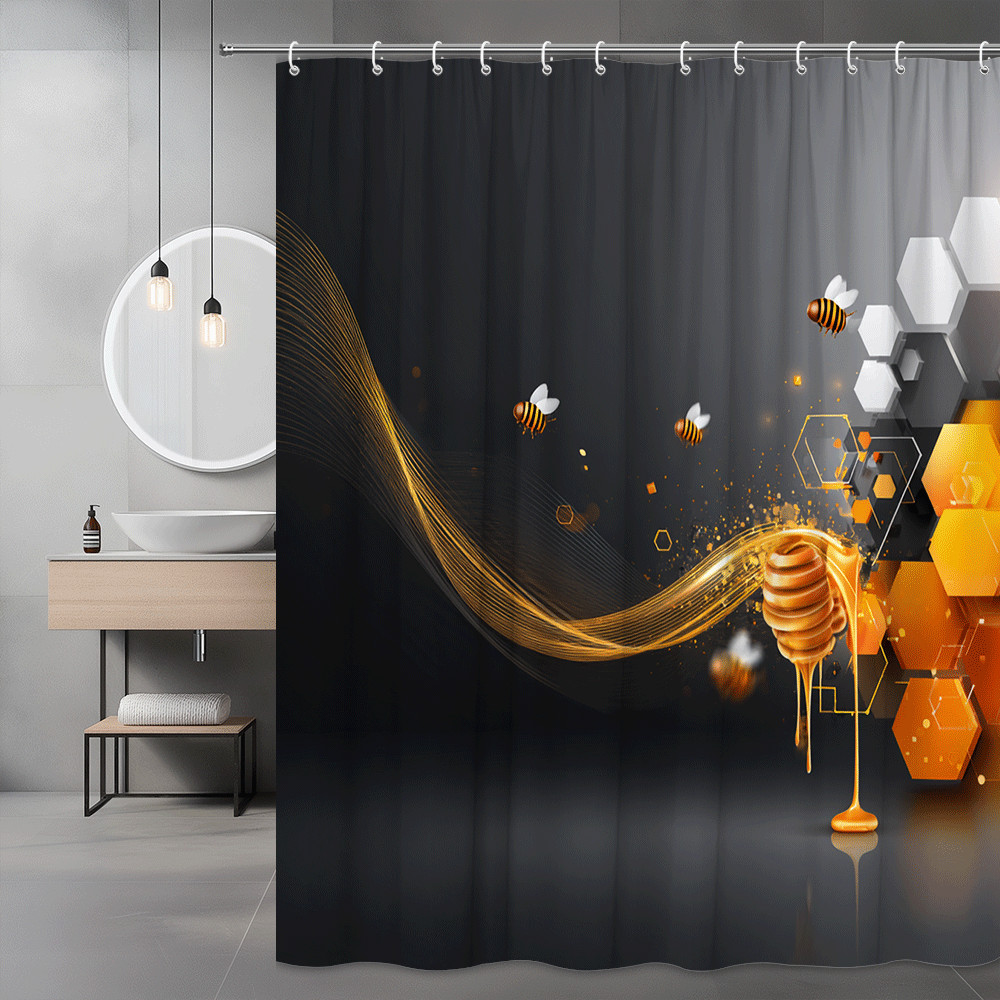 Bee Honeycomb Shower Curtain Black Orange Graphic Print
