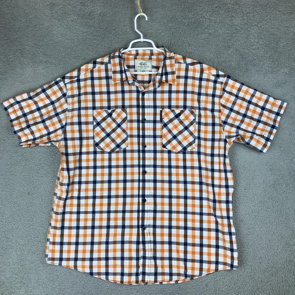 Ecko Unltd Shirt Mens 4XB Orange Blue Plaid Short Sleeve Button Up Big Tall