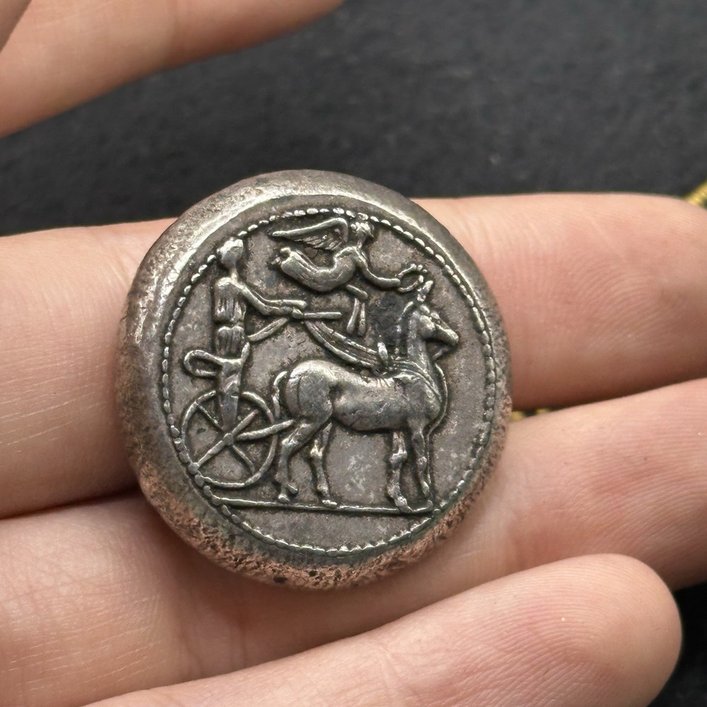 Lovely Ancient Greek Silver Coated Coin With Horses