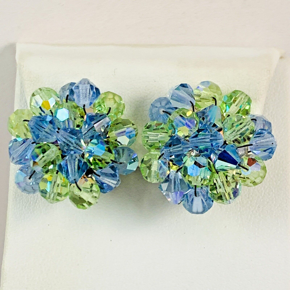 Vintage Blue & Green Crystal Beaded Cluster Silver Tone Clip on Earrings