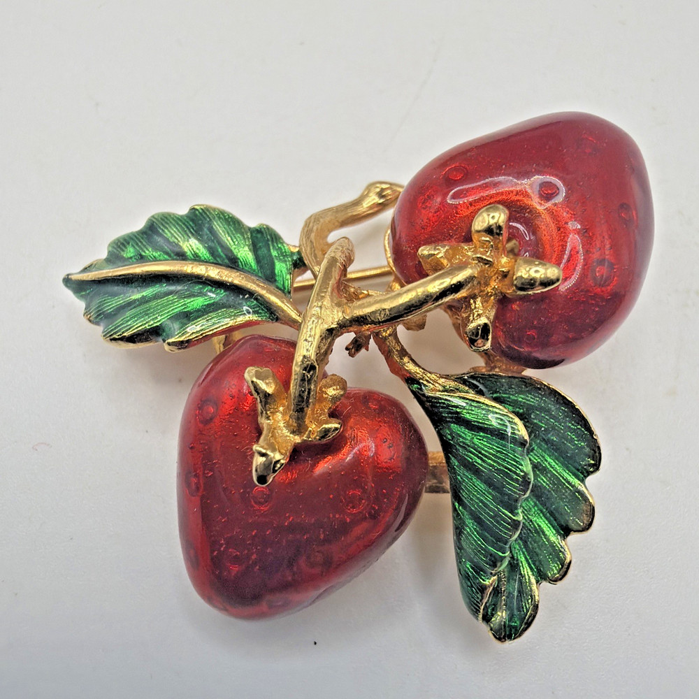 Vintage Jackie Orr Strawberry Red & Green Enamel Brooch Gold Toned