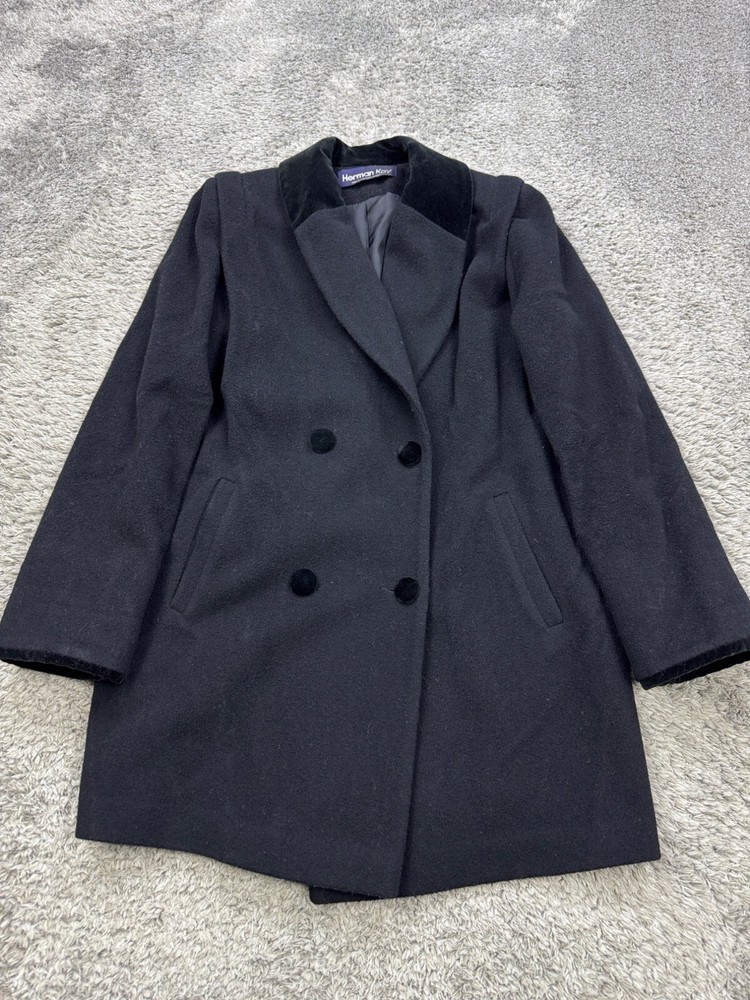 Herman Kay Pea Coat Woman 6 Black Wool Velvet Collar Double Breasted Old Money