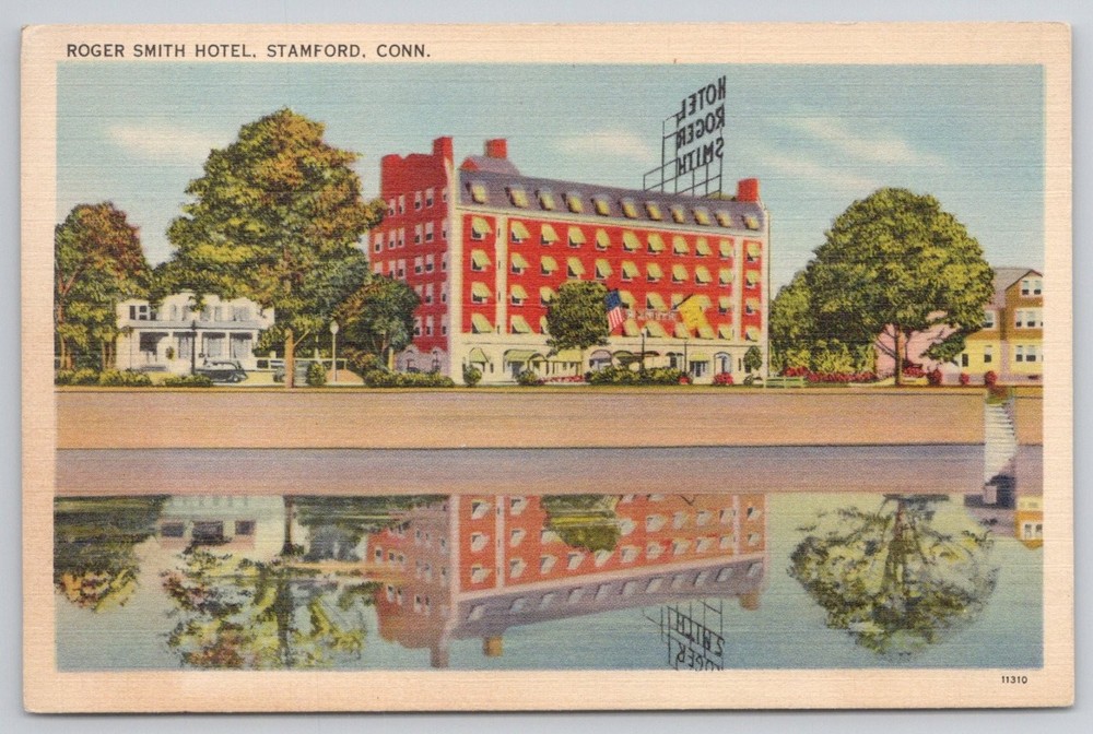 Roger Smith Hotel Stamford CT Linen Postcard Vintage Reflected View