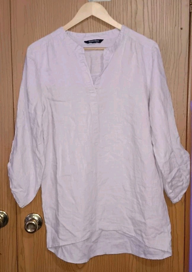 Ellen Tracy 100% Linen Tunic Top Womens Size Medium Blush Pink 3/4 Sleeve Vneck