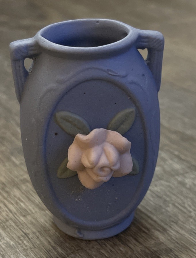 Vintage Occupied Japan Blue Jasperware Style Miniature Bud Vase with Pink Rose