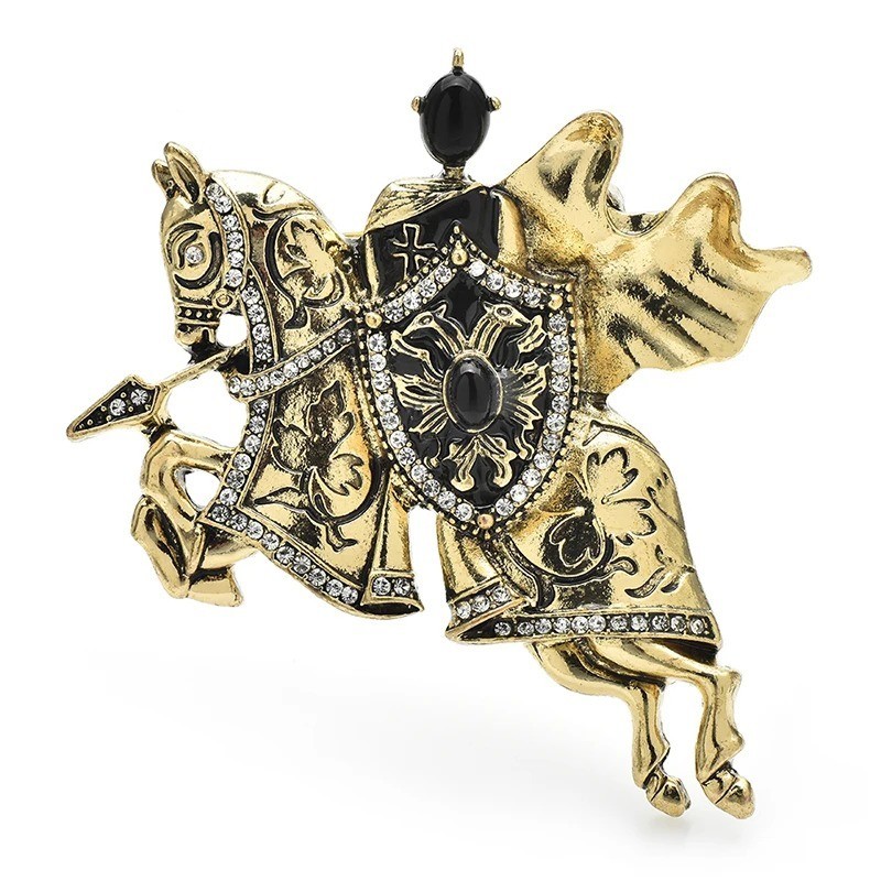 Vintage Knight on Horse Brooch Pin with Shield Medieval Warrior Jewelry