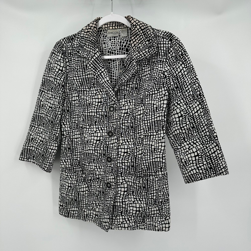 Chicos Modernist Women Abstract Print Jacket Size 0 US S Graphic Minimalist FLAW-image