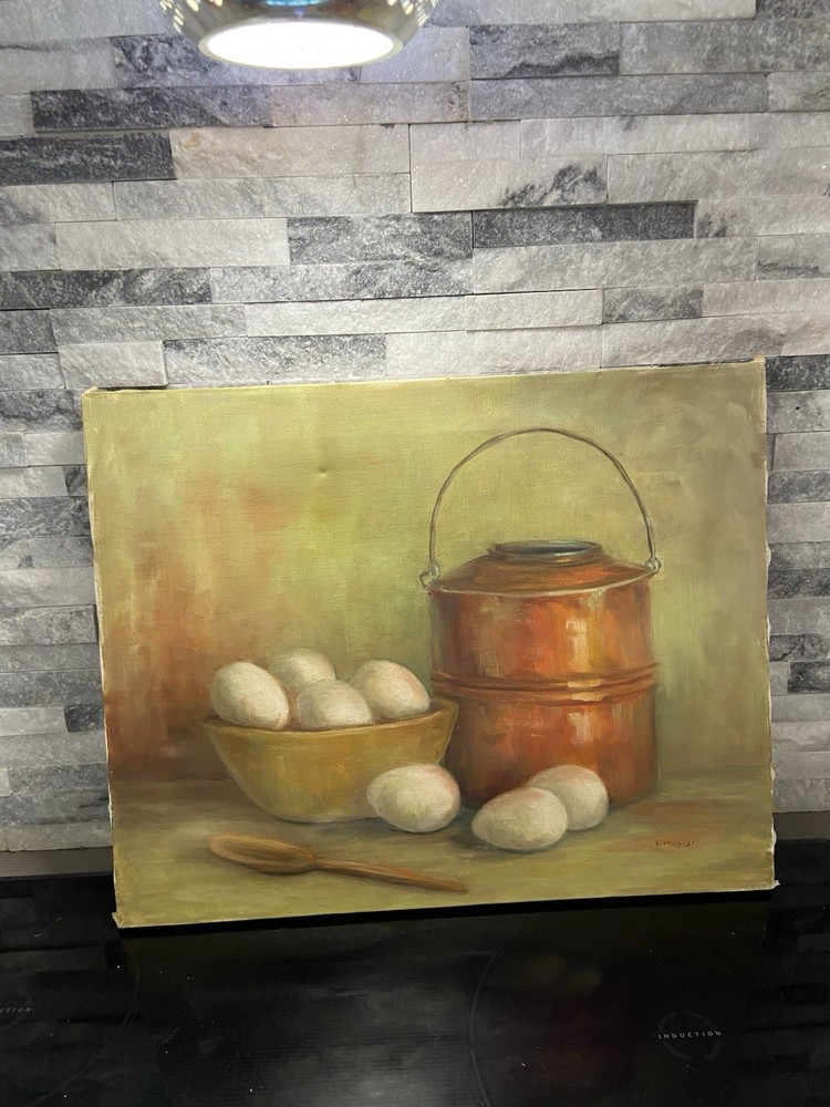 VTg Oil painting Canvas Eggs Bucket Texas Pearl Ebensberger Cottage Farmhouse