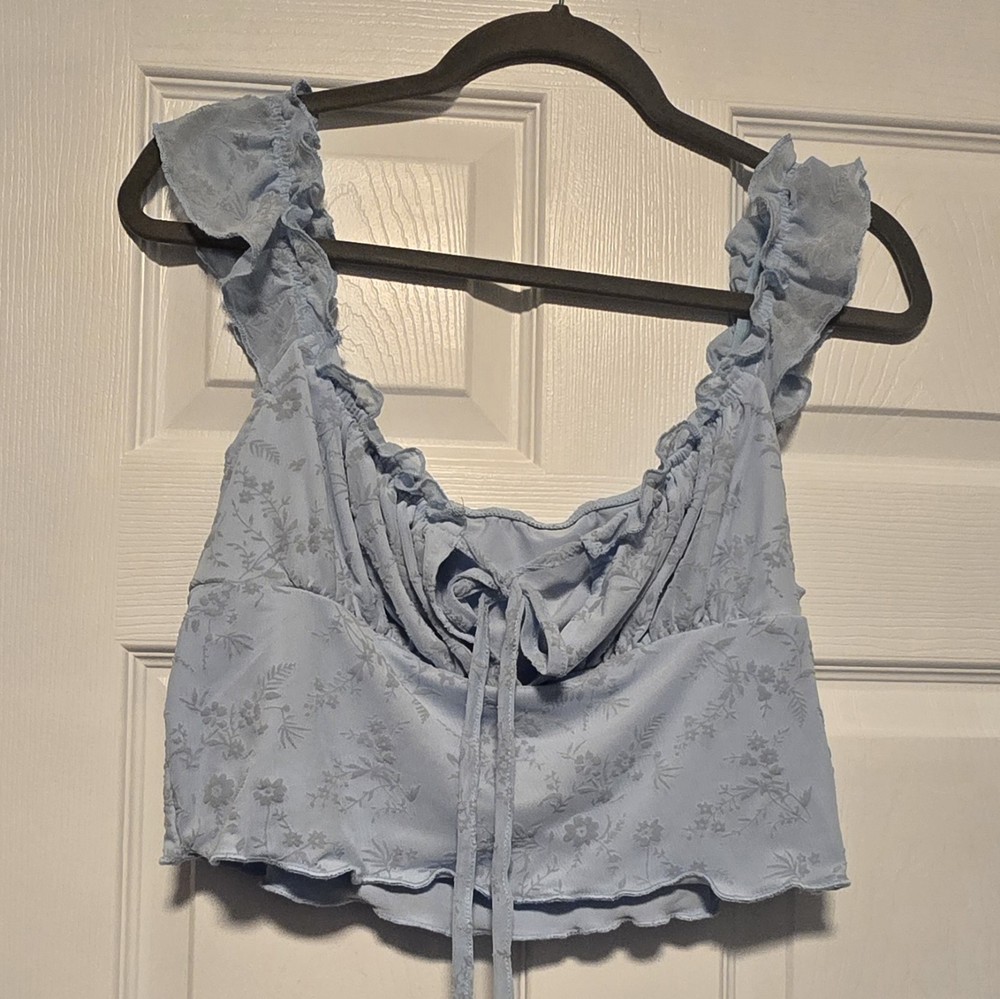 Cottage Core Mesh Ruffle Tie Front Square Neck Cropped Tank Top Women's XL