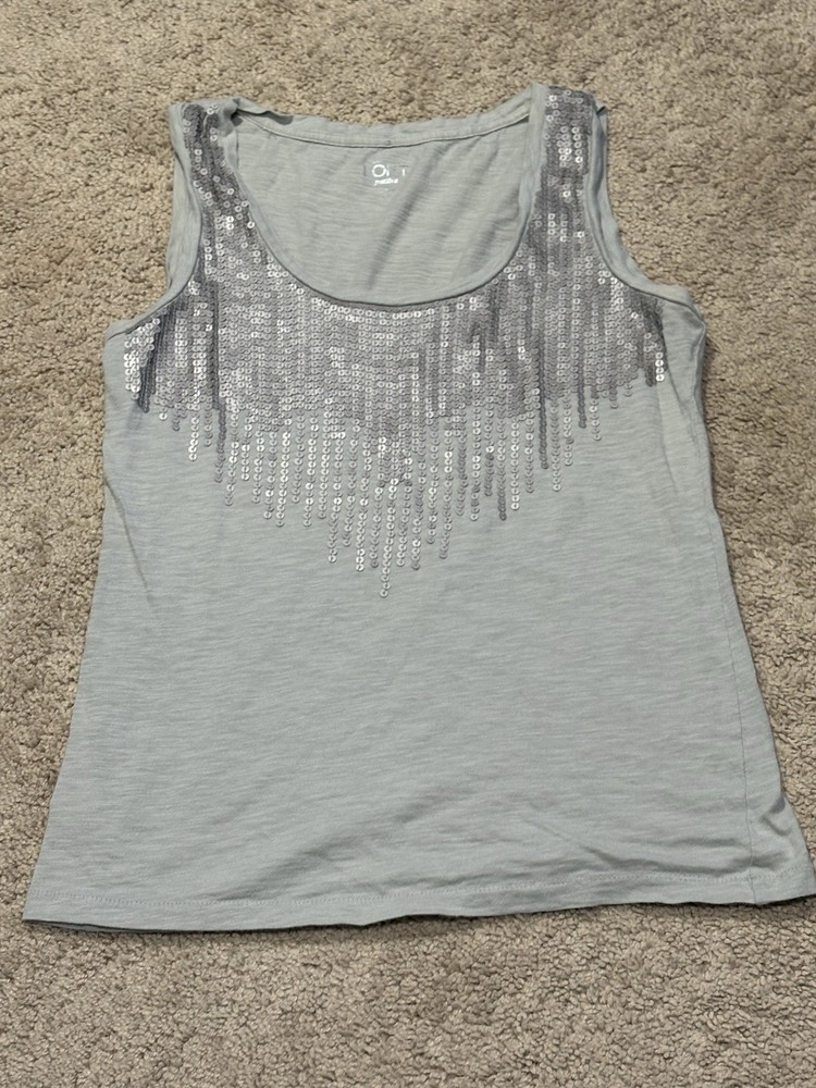 Loft Womens Shirt Petite Size Medium Beige Embellished Sequin Classic Comfort