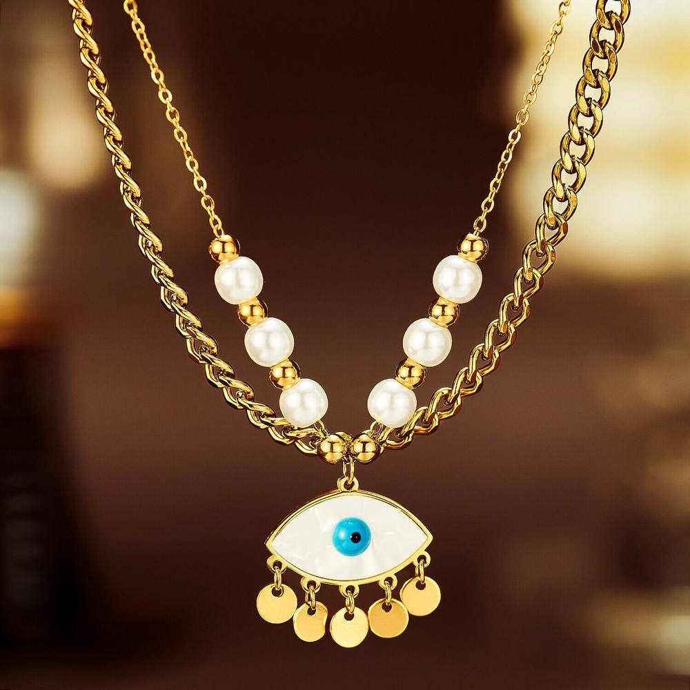 Women Gir Layered Necklace Pearl Eye Pendant Dainty Choker Layering Curb Gift