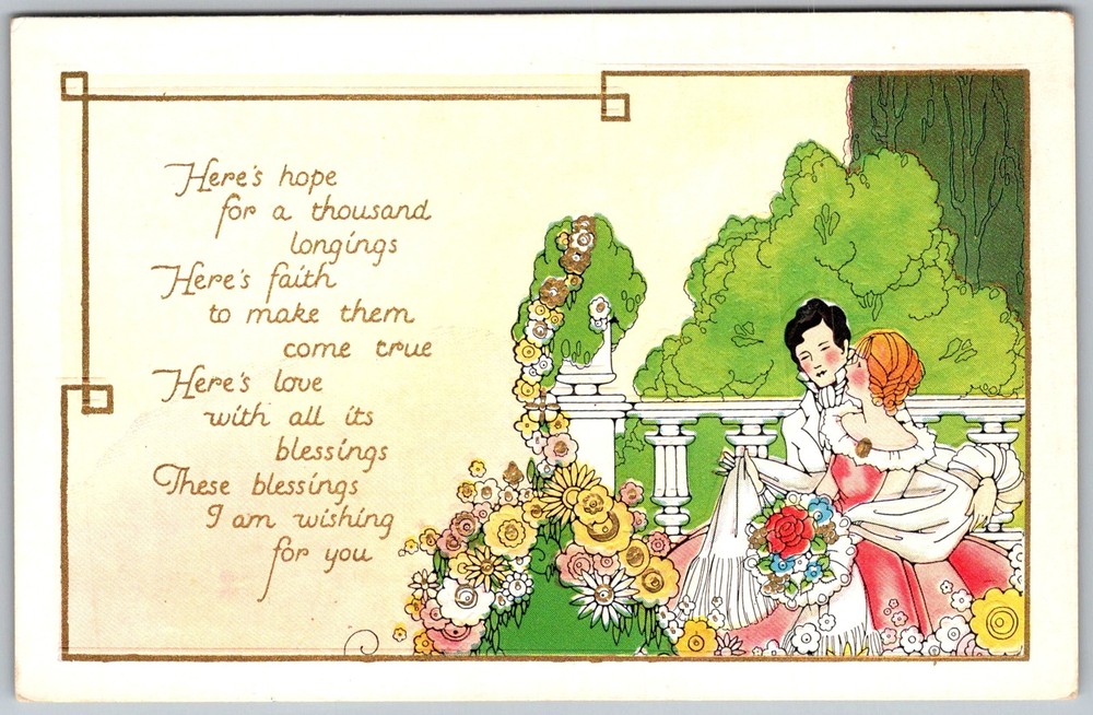 Antique Postcard Couple Balcony 1910s