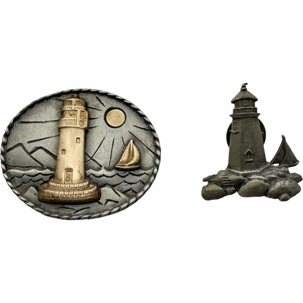 Vintage JJ Lighthouse Brooch Pin Lot of 2 Nautical Pewter Signed Sailboat