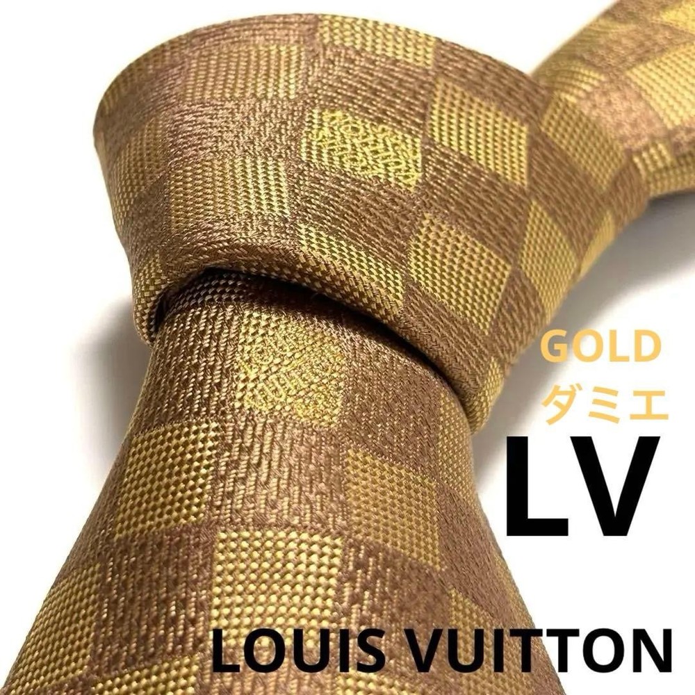 Louis Vuitton Necktie Tie Gold All over Damier pattern LV 100% Silk Authentic