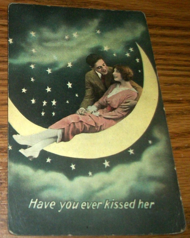1920's Fantasy Postcard~Couple Half Moon 