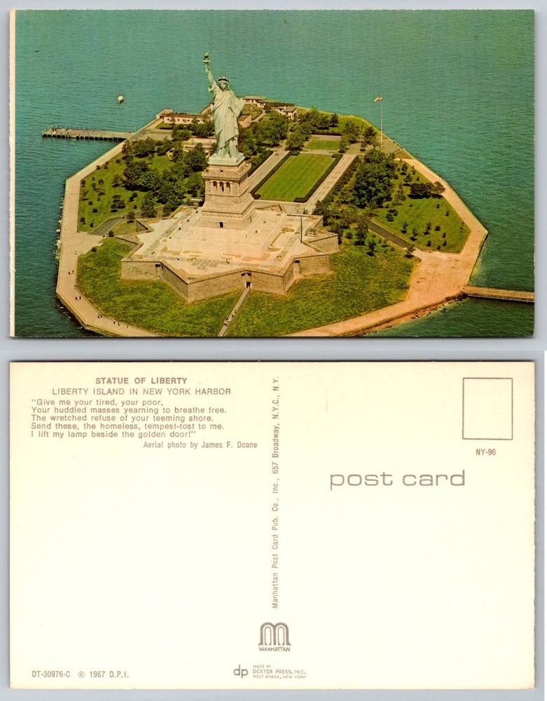 Vintage 1967 Statue of Liberty Aerial View Postcard NYC New York Harbor