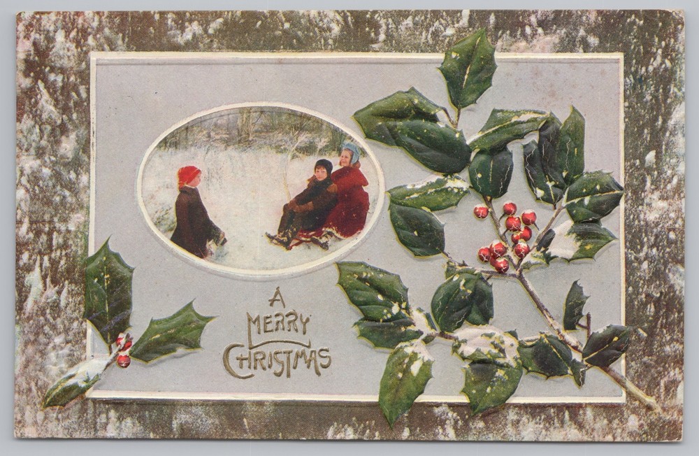 Holiday~Holly Branch & Children Sledding Christmas Greeting~Vintage Postcard