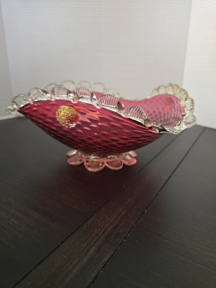 Rare Vintage Murano Seguso Art Glass Bowl Ruby Red & Gold Hand Blown Italy