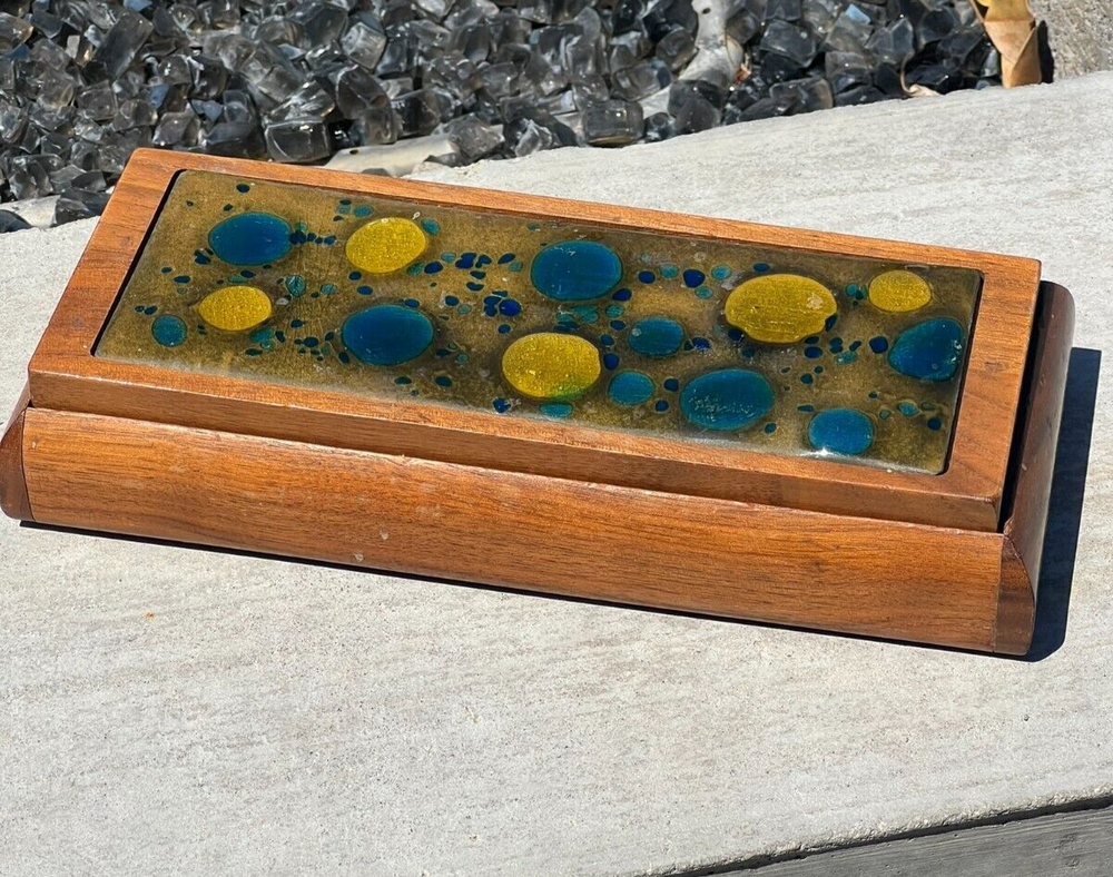 Abstract Blue Circles Enameled Copper Wood Trinket Box MCM Mid Century-image