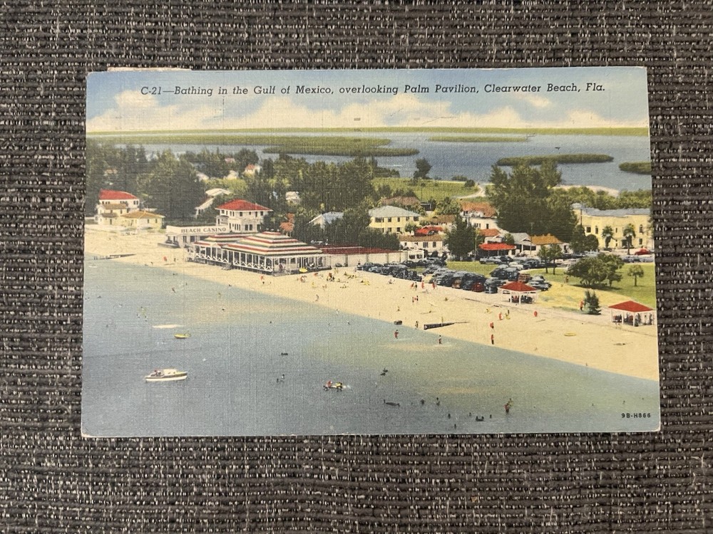 Vintage Linen Postcard Florida~Bathing in the Gulf of Mexico At Palm Pavilion