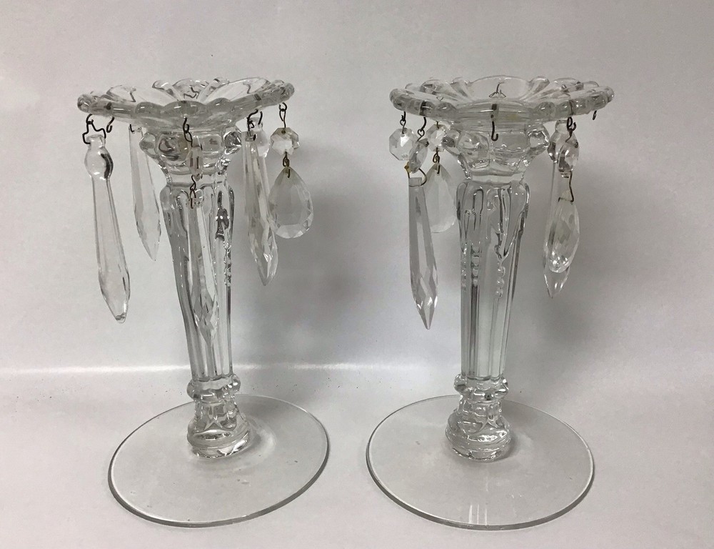 2- 8” Vintage Glass Taper Candle Holders With Crystal Prisms
