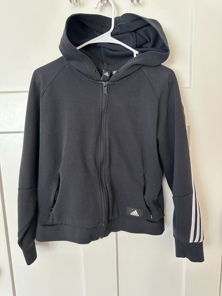 Adidas Black Full Zip Hoodie Women’s Size M 3-Stripes Logo Athletic Sweatshirt