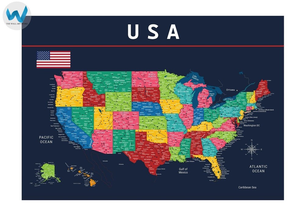 USA Decorative Map - Poster States Educational Wall Art 12X16/16X20/18X24/24X36