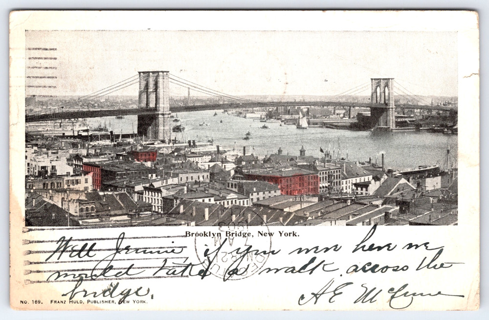 New York City New York NY Brooklyn Bridge River Boats Buildings Vintage Postcard