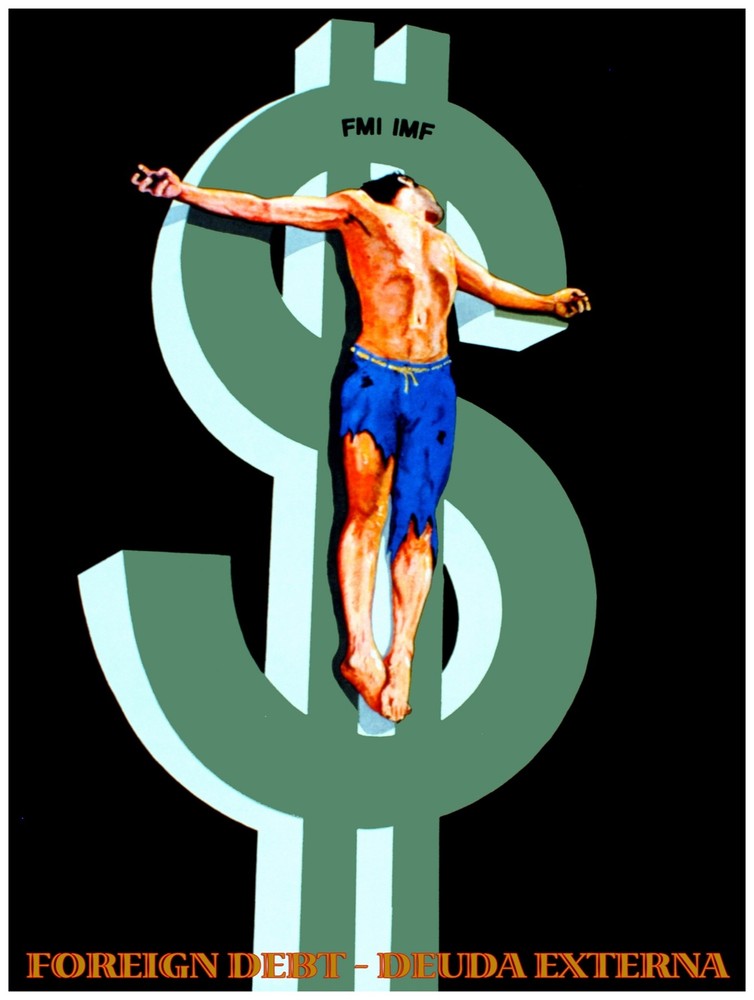 8159.Foreign debt.man hoisted on giant dollar sign.POSTER.art wall decor