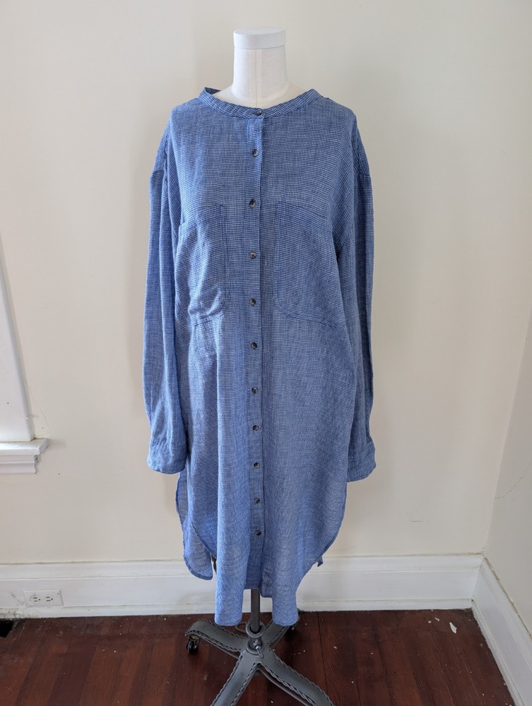 J Crew Shirt Dress Blue Check Linen Blend Button up Large Coastal Women