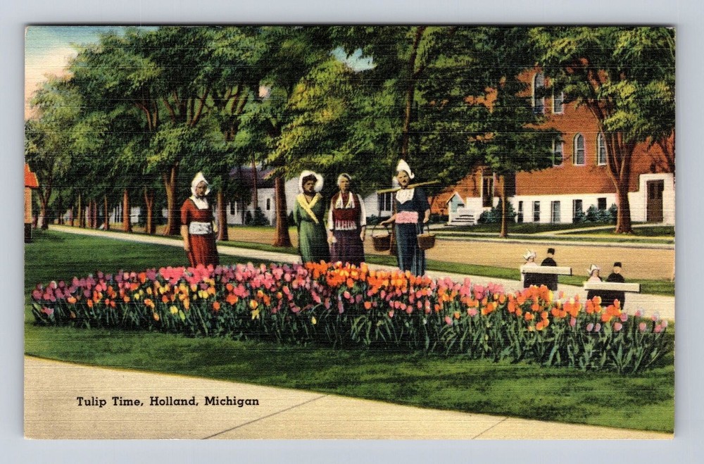 Holland MI-Michigan, Flower Beds, Tulip Time, Dutch Girls, Vintage Postcard