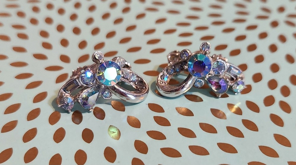 Hollycraft Clipon Earrings COPR YR 1957 Blue ABs Rhinestones  Silvertone