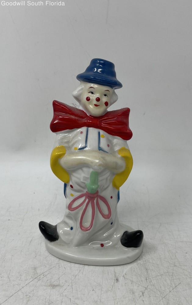 Vintage Porcelain Ceramic Blue Hat And Red Bow Hobo Clown Statue Figurine