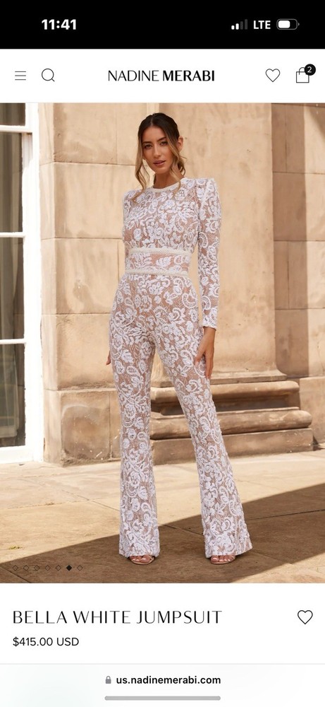 NEW Nadine Merabi Bella White Dark Nude Jumpsuit Sequin Lace Flare Leg Size MI Wear The Jumpsuit Only On My Birthday, One Time Only